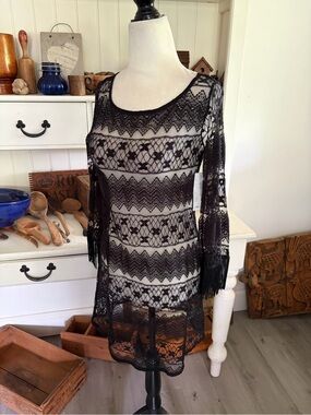 Ella Moss Black Lace Sheer Tunic Dress with Fringe Sleeves
